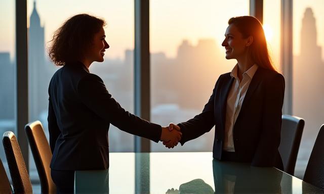 Two professionals shaking hands in a bright, modern glass-walled office